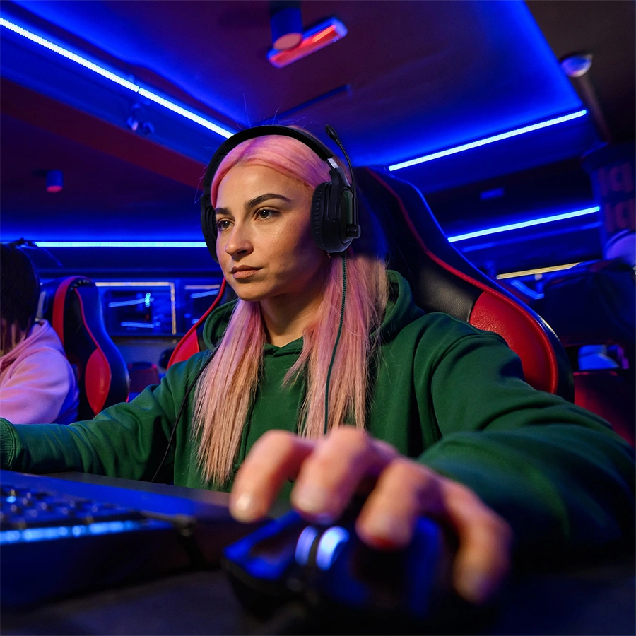 Woman gaming with AVIGA Gaming Headset